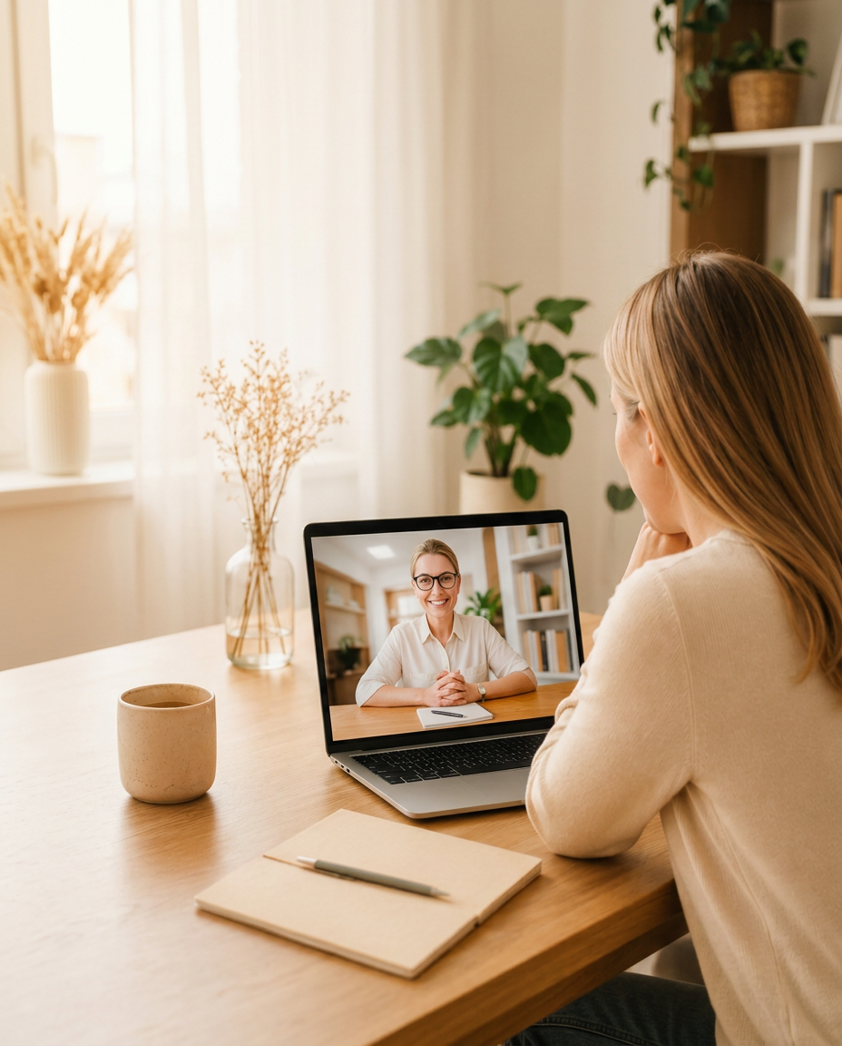 Consulenza online: una donna partecipa a una videochiamata dal proprio spazio domestico, luminoso e accogliente